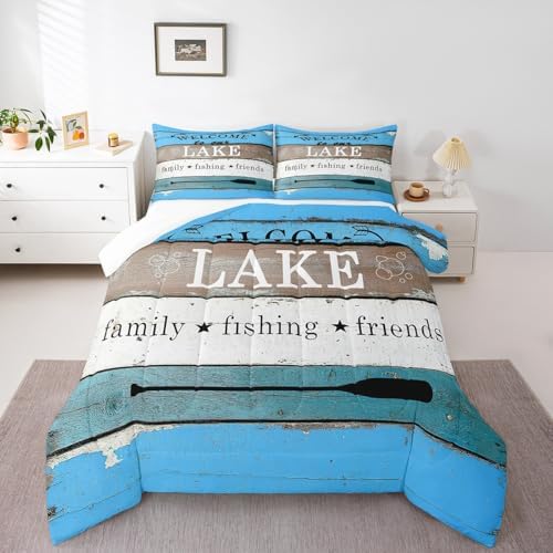 Manfei Rustic Lake Comforter Set Full Size, Lake Camping Bedding Set 3pcs for Kids Boys Teens Bedroom Decor, Vintage Wooden Stripe Print Quilt Set with 2 Pillowcases, Farmhouse Duvet Set
