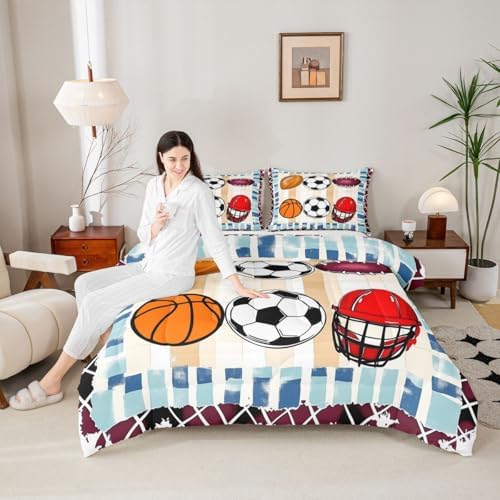 jejeloiu Ball Games Comforter Set Soccer Basketball Bedding Set Twin Size