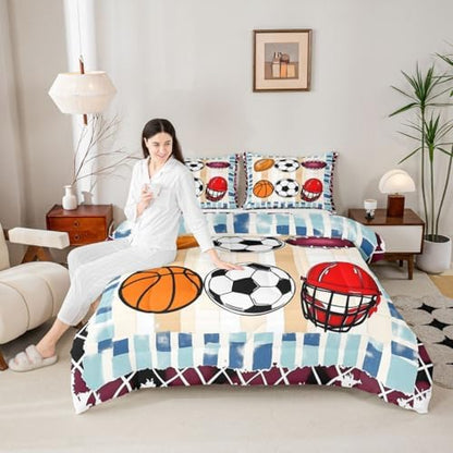 jejeloiu Ball Games Comforter Set Soccer Basketball Bedding Set Twin Size