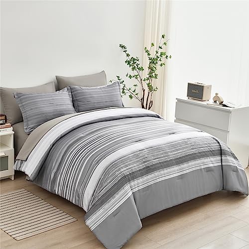 KAKIJUMN Striped Comforter Set Queen Size, 7 Piece Bed in a Bag, Light Grey