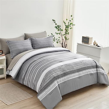 KAKIJUMN Striped Comforter Set Queen Size, 7 Piece Bed in a Bag, Light Grey