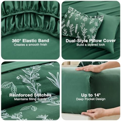 MUXHOMO Emerald Green Full Comforter Set, Elegant Floral Print Bed in a Bag 7 Pieces, Ultra Soft & Breathable Reversible Botanical Pattern Bedding Set with Comforter, Sheets, Pillowcases, and Shams
