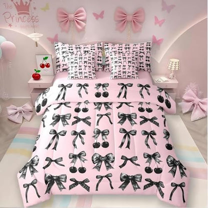 Black Cherry Bow Bed in a Bag King Size Comforter Set 7-Piece, Cute Silk Ribbon Bowknot Bedding Sets Princess Bow Tie Comforter and Sheet Set, Dreamy Kawaii Room Decor Light Pink Room Decor Aesthetic