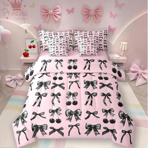 Black Cherry Bow 7-Piece Comforter Set Full Bed in a Bag, Cute Silk Ribbon Bowknot Bedding Sets Princess Bow Tie Comforter and Sheet Set, Dreamy Kawaii Room Decor,Girly Light Pink Room Decor Aesthetic