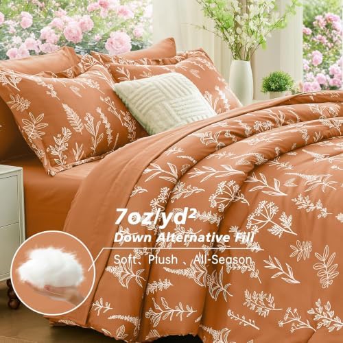 MUXHOMO California King Comforter Set, Burnt Orange Elegant Floral Print Bed in a Bag 7 Pieces, Soft & Breathable Reversible Botanical Pattern Bedding Set with Comforter, Sheets, Pillowcases & Shams