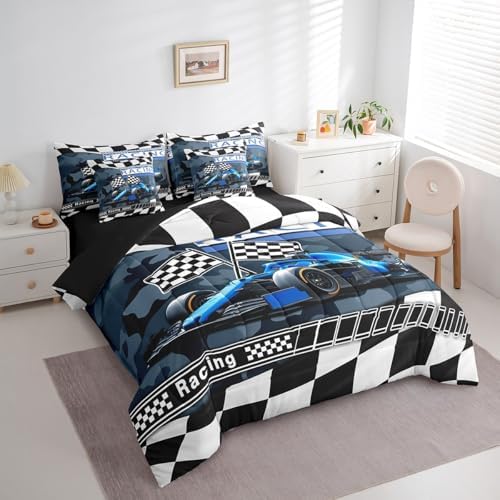 Boys Teens Race Car Comforter Set Bed in a Bag 7 Pieces Twin,Racing Sports Racing Flag Kids Bedding Set,Retro Camouflage Print (Comforter+Fitted+Flat Sheet+2 Pillowcases+2 Throw Pillow Covers)