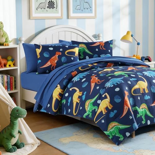 Twin Comforter Set for Boys - 5 Pieces Navy Dinasour Twin Bedding Sets