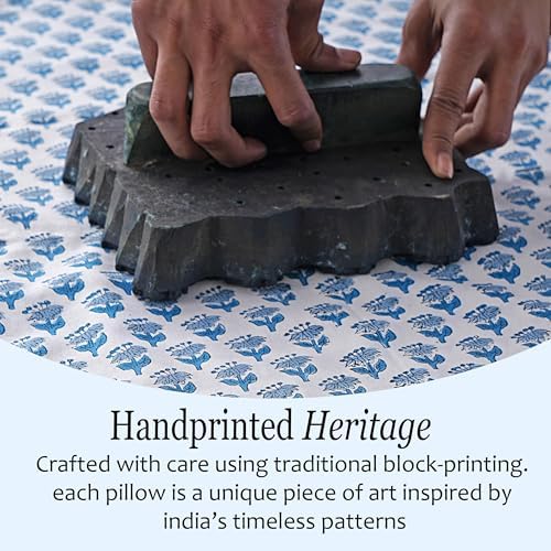 CPC Block Print Apatite Blue Ruffle Cotton Lumbar Pillow Cover 20x54 inch