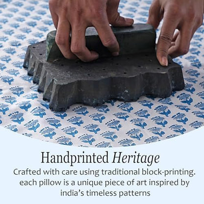 CPC Block Print Apatite Blue Ruffle Cotton Lumbar Pillow Cover 20x54 inch