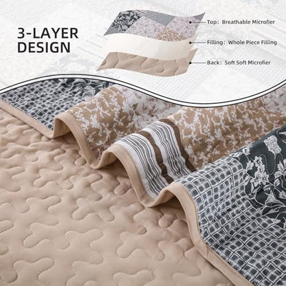 Mybedsoul Blue Brown Quilts Queen Size, Patchwork Floral Bedding Set