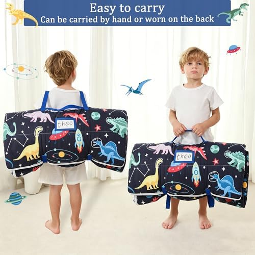 Toddler Nap Mat for Preschool 50''x30'' Sleeping Mat with Removable Pillow and Minky Blanket for Kids Ages 3-7 Roll Up Soft Sleeping Bag for Boys Girls Kindergarten Daycare Sleepover
