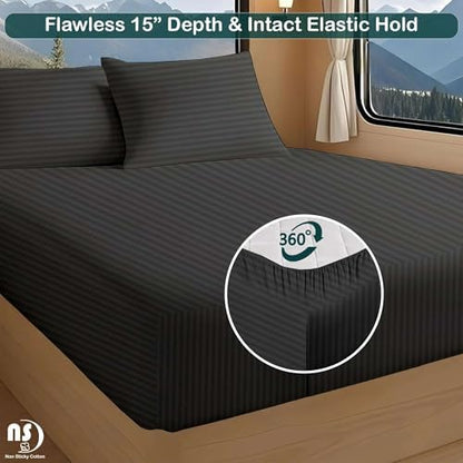 RV Short Queen Sheet Set 4 Piece - 100% Extra Long Staple Cotton, 400 Thread Count, Deep Pockets 15 to 18 Inches, Dark Grey Stripe, Hotel-Quality Bedding, Soft & Breathable Bedding for RV Bed