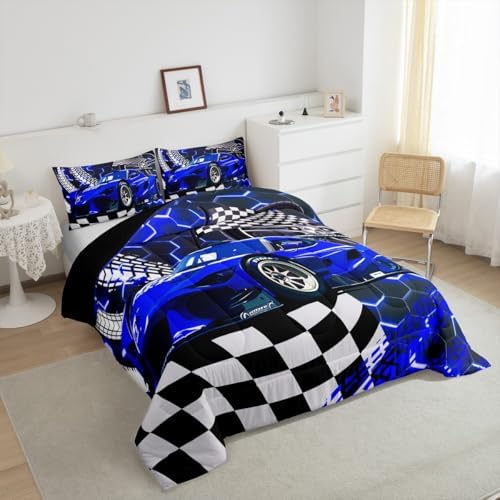 Toddler Race Car Bed,Blue Neon Lights Honeycomb Twin Bedding Set for Boys Cool Sports Car Glitter Beehive Geometric Hexagon Comforter Set,Black White Grid Lattice Quilt Buffalo Plaid Decor