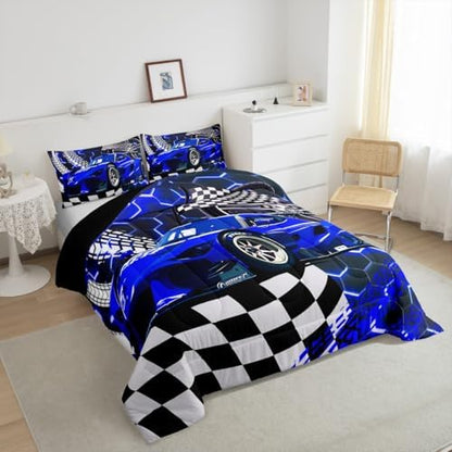 Toddler Race Car Bed,Blue Neon Lights Honeycomb Twin Bedding Set for Boys Cool Sports Car Glitter Beehive Geometric Hexagon Comforter Set,Black White Grid Lattice Quilt Buffalo Plaid Decor