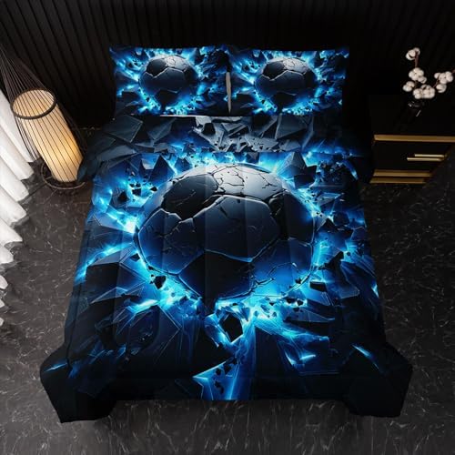 Nttopship Soccer Bedding Comforter Set Twin Size for Kids Teens and Adults, Blue Black Football Printed Bedding Sets 3 PCS,Ball Sports Themed Bedroom Decor with 1 Comforter and 2 Pillowcases