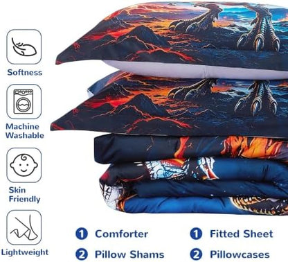 Viviland Kids Bedding Set Full Size Comforter Sets, Bed in Starry Dinosaur Cover Set for Children