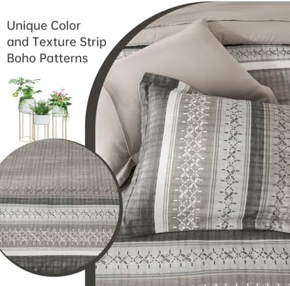 Dintszyayue Taupe Queen Comforter Size Set, 8 Pieces Striped Texture Bed in a Bag Bedding Sets, Lightweight Soft Comforter and Sheet Set, All Season Microfiber Teen Boys Bedding Sets for Men Women
