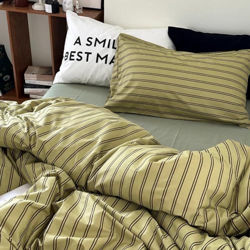 mixinni Vintage Mid-Century Striped Comforter Set Full - 3 Pieces 1 Fluffy Comforter&2 Pillowcases, Olive Green & Dark Brown Retro Striped Bed Set, All Season Lightweight & Breathable-Full Size
