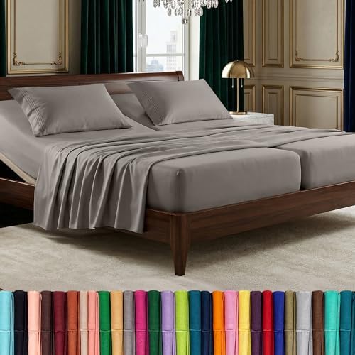 Elegant Comfort Luxurious 1500 Premium Hotel Quality Microfiber Three Line Embroidered Softest 5-Piece Bed Sheet Set, Wrinkle and Fade Resistant, Split King, Gray