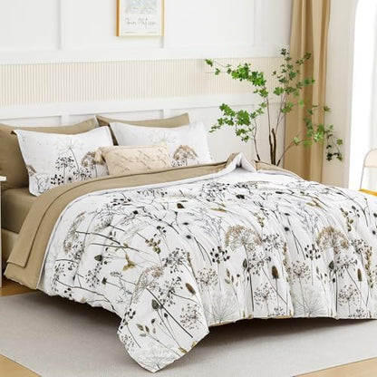 Yiran Khaki Floral Comforter Set King Size, 7 Piece Dandelion Botanical Plant Comforter Bedding Set, Bed in a Bag King, Soft Microfiber Complete Bedding Set with Sheets for All Season