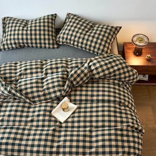 LifeTB Gingham Duvet Cover Full Size, 3 Piece Vintage Green Beige Plaid Checkered Bedding Set, Breathable 100% Washed Cotton Grid Comforter Cover, Farmhouse Buffalo Plaid Duvet Cover with Zipper