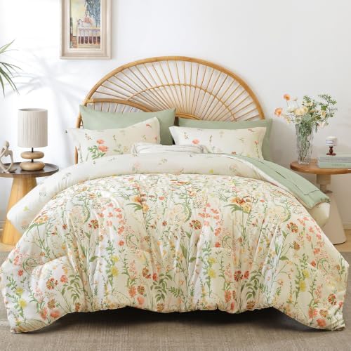 Yiran Beige Floral Comforter Set Queen Size, 7 Piece Cute Comforters Bed in a Bag Khaki Flower, Soft Coquette Cottagecore Aesthetic Botanical Bedding Set with Sheets for Women Girls