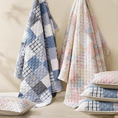 Wonderful - Real Patchwork Quilt Set King Size, 3 Piece Yarn-Dyed Cotton Face Plaid Bedding, Blue Modern Farmhouse Reversible Coverlet, 104"x90"