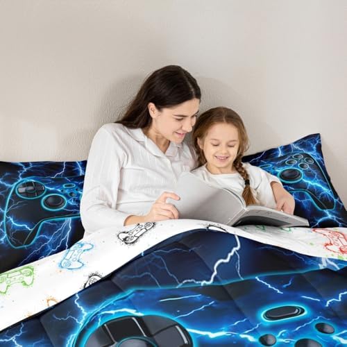 Erosebridal Gaming Queen Comforter Set Gamer Bedding Set, Video Game Consoles Down Comforter Blue Lightning Quilt,Gamer Room Decor for Boys