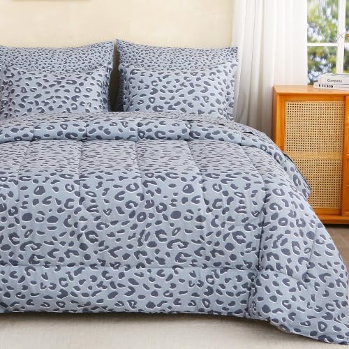 lasoftan Leopard Queen Comforter Set with Sheets, 7 piece Luxury Vintage Bedding, Soft Microfiber Bed in a Bag, Cozy Lightweight Bed Set, Grey Cheetah Print