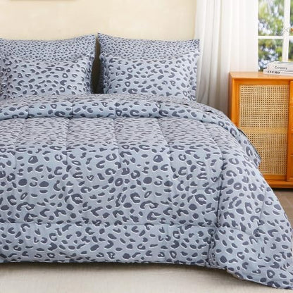 lasoftan Leopard Queen Comforter Set with Sheets, 7 piece Luxury Vintage Bedding, Soft Microfiber Bed in a Bag, Cozy Lightweight Bed Set, Grey Cheetah Print