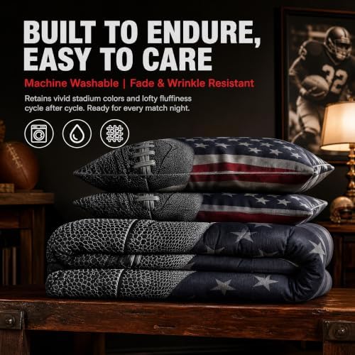 American Football Print Comforter Set Queen Size,American Flag Print Bedding Set Kids Young Man,3D Sports Game Comforter for Teen Child Room Decor,American Culture Quilted Duvet Set with 2 Pillowcase