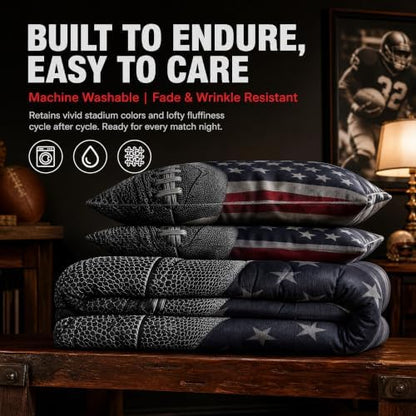 Boys American Flag and Football King Size Comforter Set,Kids Sports Gaming Decor All Season Bedding Set,Teens Retro Style Comforter,Young Man Gray Red and Navy Decor Quilt Set Bedroom Collection 3Pcs