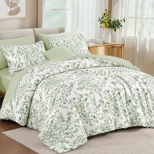 WONGS BEDDING 8 Pieces King Size Comforter Set Green,Sage Green Floral Bed in a Bag Comforter Sets, Soft Reversible Botanical Flowers Bedding Sets for All Season (90"x104")
