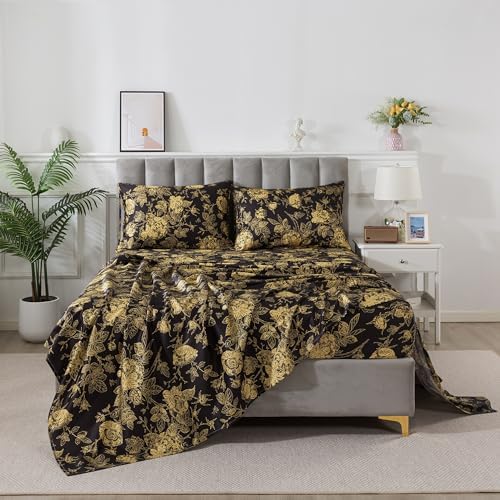 FADFAY Rose Sheets Set King Vintage Black Gold Floral Bedding Shabby Peony Botanical Sheets Luxury Farmhouse Bedding 800 Thread Count 100% Egyptian Cotton Deep Pocket Fitted Sheet 4Pcs, King Size