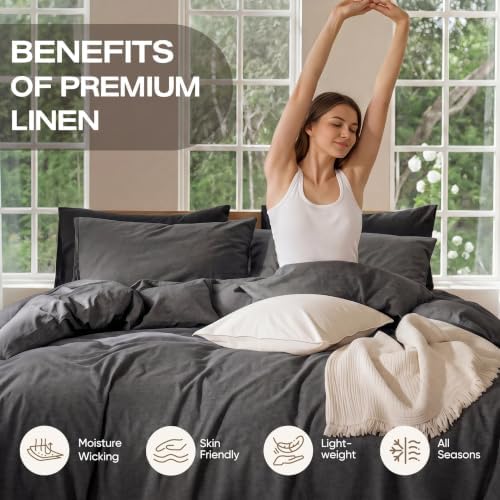 100% Pure Linen Blend 4 Piece Sheet Set, Cooling and Breathable Flax Bed Sheets for Hot Sleepers, All Season Comfort, Anti-Tear and Durable Bedding, 18 Inch Deep Pocket(Dark Grey, King)