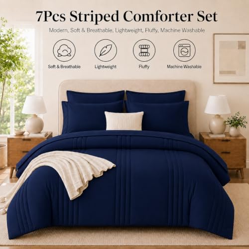 Twin XL Comforter Set with Sheets Navy Blue, 5 Pieces Bed in a Bag
