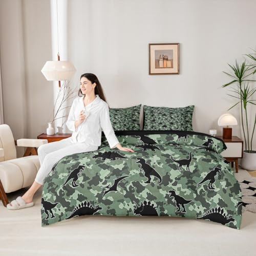 Feelyou Dinosaur 7 Piece Bedding Set Camouflage Print Comforter Set with Sheets for Kids Boys Girls Army Green Bed in a Bag Animal Theme Bed Set Soft Lightweight