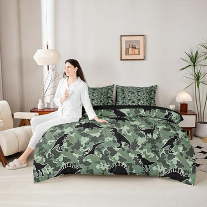 Feelyou Dinosaur 7 Piece Bedding Set Camouflage Print Comforter Set with Sheets for Kids Boys Girls Army Green Bed in a Bag Animal Theme Bed Set Soft Lightweight