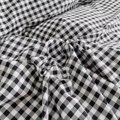 mixinni Vintage Black Gingham Ruffle Comforter Set 3-Piece Washed Cotton Full Size Grid Bedding Set with Geometric Checkered Pattern, Farmhouse Chic Soft Fluffy Comforter for All-Season