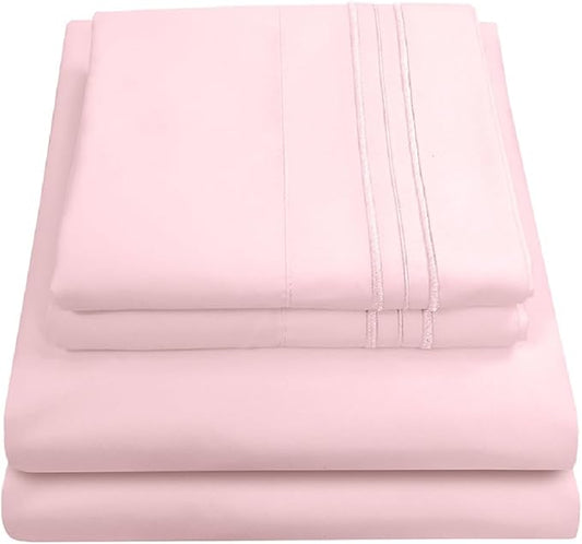 RV Queen Bed Sheets - Breathable Luxury Sheets with Full Elastic & Secure Corner Straps Built In - 1800 Supreme Collection Extra Soft Deep Pocket Bedding Set, Sheet Set, RV Short Queen, Pale Pink