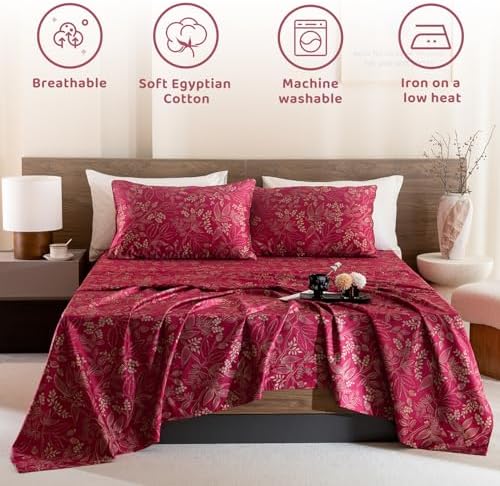 QSH Floral King Size Sheet Sets - 100% Egyptian Cotton Floral Bedding Sheets Red Flower Pattern Botanical Printed Bedding King Size Bed Sheets 17.5" Extra Deep Pocket 4pcs