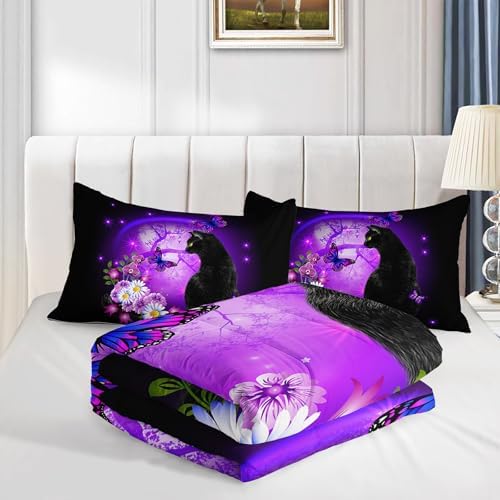 Axolotl Black Cartoon Cat Bedding Comforter Set King,Cute Cat Bedding for Kids,Daisy Butterflies Print Kids Bedding for Boys Girls Adults,Animal Flowers Comforter Set All Season,1 Quilt 2 Pillow Cases