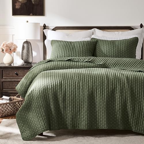 WDCOZY Olive Green Cross Stitch California Cal King Size Quilt Set, Oversized Striped Lightweight Soft Bedspread, Channel Farmhouse Rustic Coverlet, All Season Country Bedding, Thin Comforter