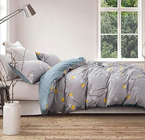 SLEEPBELLA Comforter Twin Size, 600 Thread Count Cotton Grey Branch with Yellow Turquoise Polka Dot Pattern Green Reversible Comforter Set,Down Alternative Bedding Set 2Pcs (Twin, Grey Branch)