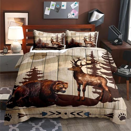 LUVIVIHOME 3PCS Brown Bear Deer Comforter Set Queen Size, Rustic Cabin Bedding Mountain Pine Tree Forest Animal Elk Wildlife Country Lodge Farmhouse Quilt Hunting Gifts for Men Hunters, 2 Pillow Shams