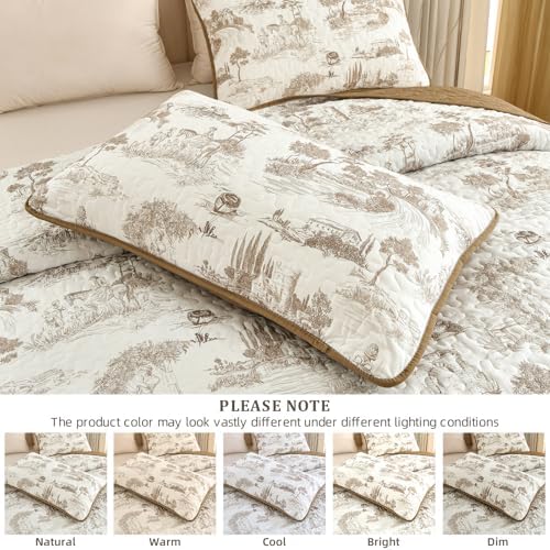 Drucon Khaki Quilt Set King Size, Toile Farmhouse Bedspreads, 3 Pieces Rustic Village Landscape Printed Coverlet, Soft Microfiber Quilt Bedding Set for All Season (106x90 Inch)