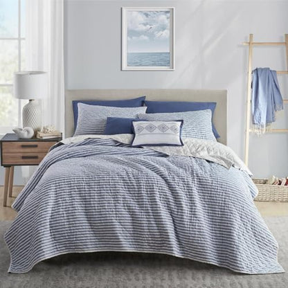 Wonderful - Blue Classic Ticking Stripe Quilt Set Twin Size, 2-Piece 100% Cotton Face & Fill Nautical Coastal Bedding, Rustic Farmhouse Bedspread Coverlet for All Season