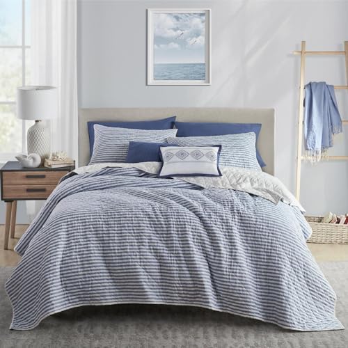 Wonderful - Blue Classic Ticking Stripe Quilt Set King Size, 3-Piece 100% Cotton Face & Fill Nautical Coastal Bedding, Rustic Farmhouse Bedspread Coverlet for All Season
