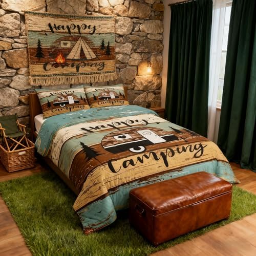 Manfei Rustic Adventure Camper Kids Comforter Set Queen Size,Happy Camping Farmhouse Cabin Lake House Bedding Set,Wooden Plank Pine Nature Quilt Comforter,Brown Retro Duvet Insert,2 Pillowcases