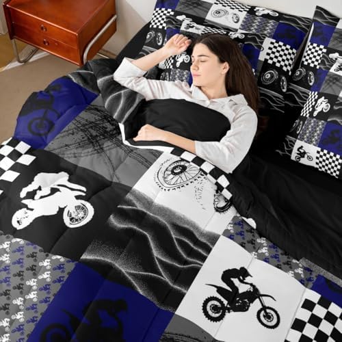 Erosebridal Dirt Bike Twin Comforter Set 7 Pieces, Motocross Rider Bed in A Bag, Motorcycle Grunge Bedding Set with Comforters, Sheets, Pillowcases Motorbike Extreme Sport Game Buffalo Plaid
